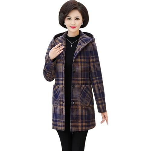 Fashion Plus size Autumn Winter Plaid Woolen Coat Women Thicken Hooded Outerwear Middle aged Female Casual Jackets OKXGNZ G228