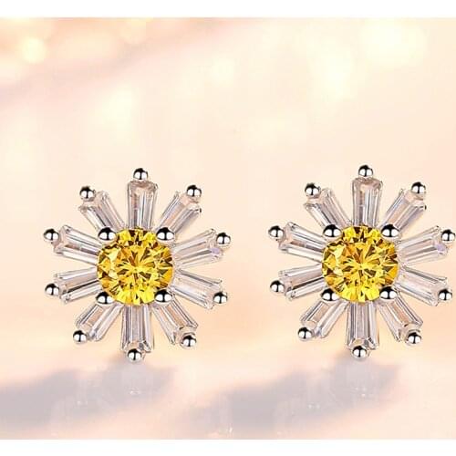 Cute Female Yellow Round Crystal Earring Charm Silver Color Small Stud Earrings Luxury Sun Flower Wedding Earrings For Women