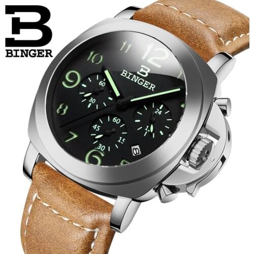 Genuine Switzerland BINGER Brand Men leather strap luminous waterproof sports calendar military watch large dial Chronograph
