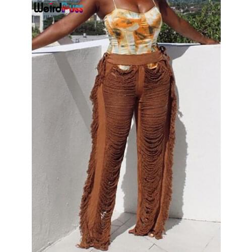 Weird Puss Tassel Chic Women Y2K Pants Hollow Ripped 2021 Trend Straight Wide Leg Pants Casual Streetwear Wild Skinny Bottoms