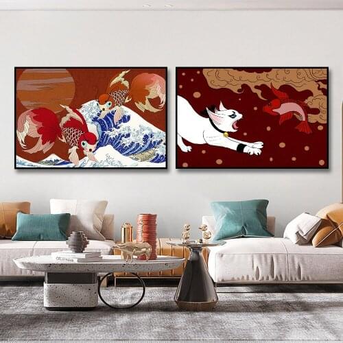 Japanese Anime Illustration Cartoon Poster Japanese Flower Bird Cat Catching Koi Retro Frameless Art Poster Home Decor Art Wall
