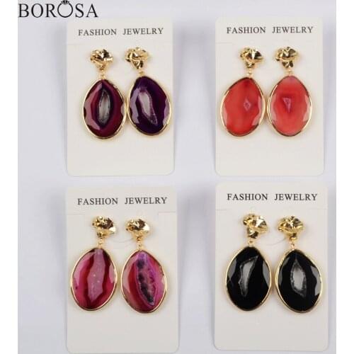 BOROSA New Gold/Silver Plated Drop Agates Druzy Slice Dangle Earring Gems Mixed Agates Drusy Slice Earrings Jewelry WX1176