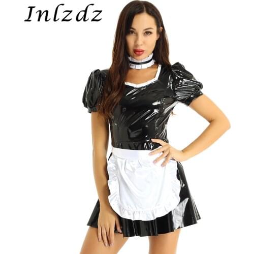 Women‘s French Maid Carnival Cosplay Costume Outfit Square Neck Puff Leather Dress with Apron Headband Fancy Role Play Clothing