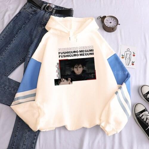 Harajuku Anime Jujutsu Kaisen Fushiguro Megumi Print Hooded Sweatshirts Unisex Hip Hop Streetwear Oversized Patchwork Hoodies