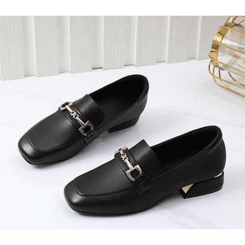 Women Thick Heel Pumps Ladies Genuine Leather Pointed Toe Square Heels Party Shoes