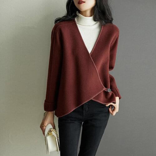 Spring Fall Fashion Womens V Neck Irregular Brown Wool Coat , Female Woman Clothing , 3xl Woolen Coats for Women