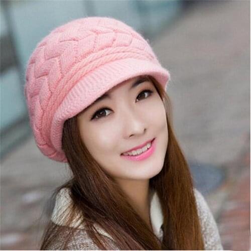 Womens Hats Winter Warm Knitted Hat Rabbit Hair Double Layer Plus Velvet Cap Visor Beanies for Women Casual Gorras