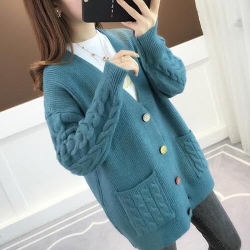 2020 Women Knitted Cardigan Fashion Sweater Autumn winter New V-Neck Long sleeve Loose Sweater Coat Wild Female Cardigans