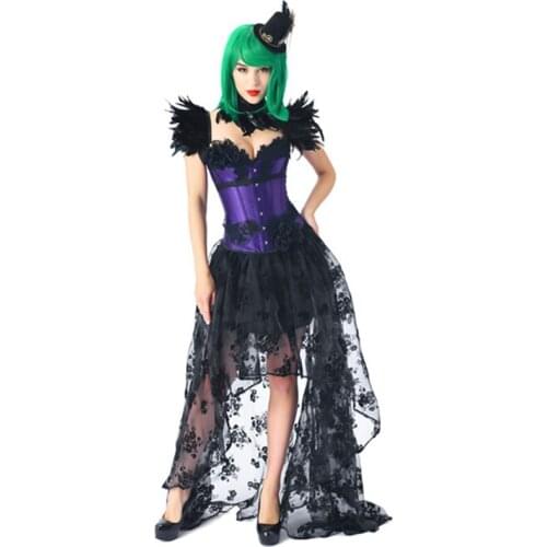 Purple & Black Feather Women Corsetto Sexy Steampunk Dress Victorian Gothic Clothing Burlesque Corset Dresses Ropa Gotica Mujer