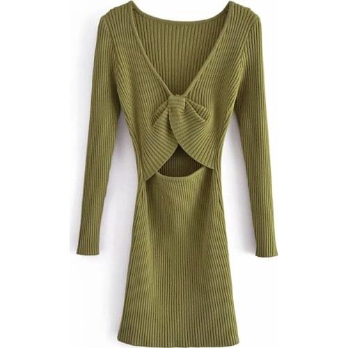 2021 women Vintage Bow Hollow outKnitting Sweater Dress Sexy Ladies Long sleeve Package Hips Bodycon Base Dresses chic two wear