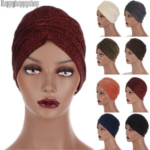 Glitters Pleated Indian Hat Turban Cap Women Chemo/Cancer Cap Islamic Muslim Headwear Inner Hijab Headwrap Beanie Hat African