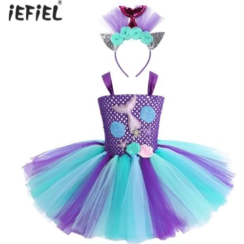 Kids Girls Mermaid Outfit Sleeveless Mermaid Tail Flower Mesh Tutu Dress with Hair Hoop Halloween Carnival Cosplay Party Costume