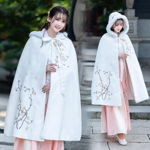 Chinese style Cape embroidered long windbreaker overcoat womens Hanfu retro real rabbit hair hood thickened woolen coat