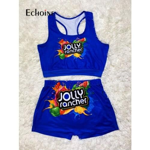 Echoine Summer Women Sexy Cartoon Printed Two Piece Set Sport Vest Crop Top Sleeveless Skinny High Waist Shorts Tracksuit Outfit