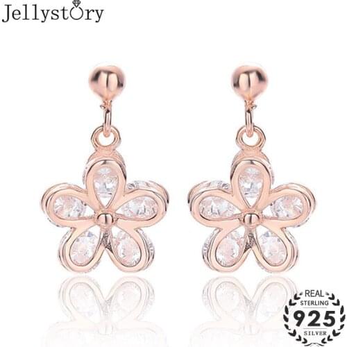 Jellystory Trendy Sterling Silver 925 Jewellery Drop Earrings Flower shape Zircon Earring for Women Wedding Party Gift Rose Gold