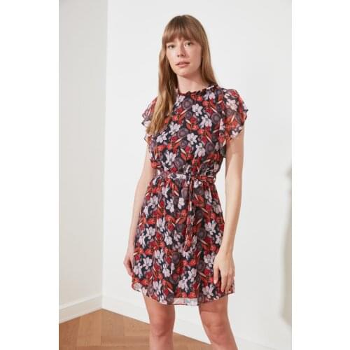 2021 New Season Vintage Above Knee Mini Sweety Dresses Navy Blue Belted Patterned Dress Spring Summer Fashion Moda Clothes