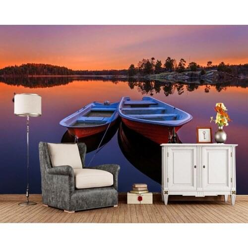 Papel de parede Rivers Boats Sunrises and sunsets Two Nature wallpaper,coffee shop living room sofa TV wall bedroom murals