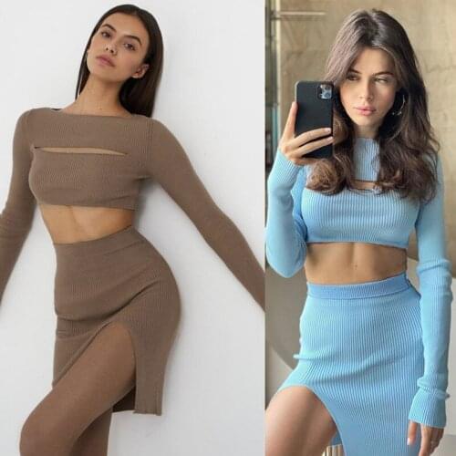 Autumn Winter Ribbed 2 Piece Set Women Hollow Out Tops Mini Skirt Set Sexy Slit Skirt Long Sleeve Top Matching Suit Streetwear