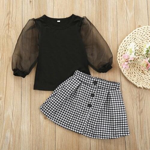 Girls Puff Sleeve Shirt and Skirt Clothing Sets Summer Child Baby Kids Casual Solid Long Sleeve Tops + Plaid Button Short Skirt