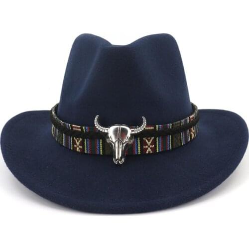 Wide Brim Western Cowboy Jazz Hat Cap Men Women Wool Felt Fedora Hats Ribbon Metal Bullhead Decorated Black Panama Cap