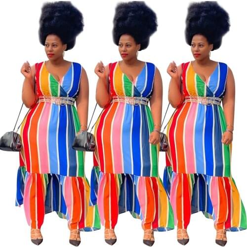 XL-4XL Plus Size Summer Dress Women Clothing Color Stripe Printing V-Neck Sexy Sleeveless Long Dresses Wholesale Dropshipping