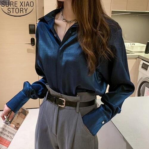 Elegant Chiffon Shirts Women Blouses Office Lady Long Sleeve Blue Tops Autumn Turn-down Collar Solid Korean OL Clothes 12128