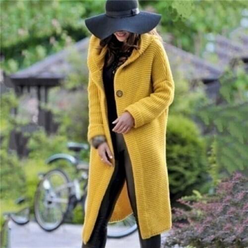 2021 Autumn Winter Solid Color Hooded Long Cardigan Women Casual Long Sleeve Korean Sweater Coat Loose Knitted Cardigans
