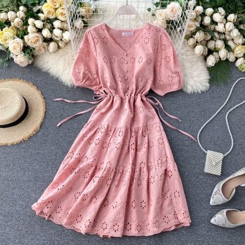 Women Elegant Lace Hollow Out Korean Party Dress Puff Sleeve Drawstring Purple Summer Dresses Vintage V-neck Solid Color Dress