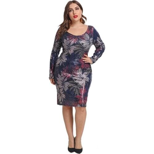 Womens Dress Plus Size 5XL 2020 Fashion Female Long Sleeve Leaves Sequined Bodycon Pencil Dresses Cocktail Club Ladies Dresses