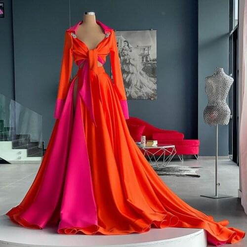 New Fashion Splicing Evening Dresses Two Pieces Shirt Prom Dress With Long Train Side Split Plus Size Women Prom Gowns
