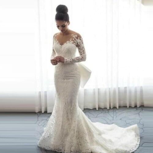 Thinyfull Sheer Neck Long Sleeve Wedding Dresses Mermaid Bow Bride Dresses With Detachable Train Lace Appliques Vestido De Novia