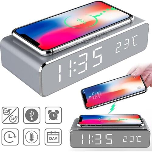 Wireless Charge Pad LED Electric Alarm Clock With Phone Charger Wireless Desktop Digital Thermometer Clock HD Clock Mirror