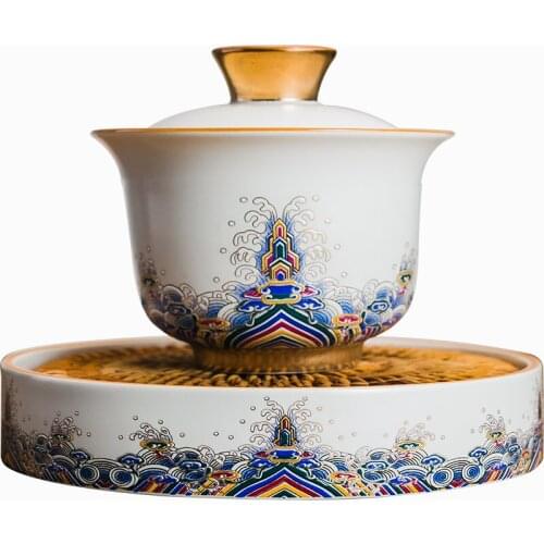 Ceramic enamel painted lid bowl large three-talent tea bowl saucer, white porcelain kung fu tea set high-grade porcelain