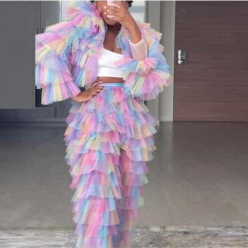 Rainbow Color Women Jumpsuit 2 Pieces Fluffy Sleeves Ruffles Pants Blouse Tiered Bodysuit Party Clothing
