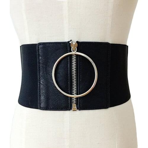 Silver buckle leather wide elastic female belts decoration big metal Circle ring fashion cummerbund strap ladys waist belt