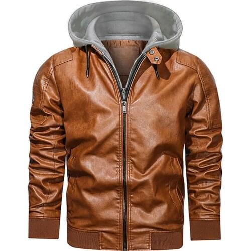 Casual Motorcycle PU Jacket Mens Winter Autumn Fashion Leather Jackets Male Slim Removable Hooded Warm Outwear Fleece Clothing