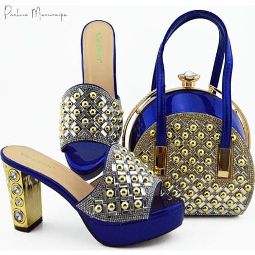 Newest Royal Blue Color Hot Selling Italian Design Metal Decoration Style African Nigerian Women Shoes and Bag Set for Party
