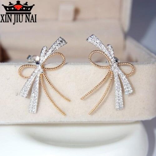 2020 New hot fashion high-quality zircon micro-inlay bow stud earrings silver needle earrings party jewelry