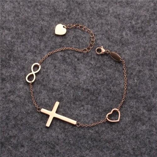 New Charm Bracelets Silver / Rose Gold Stainless Steel Bracelet For Man Women Cross Pendant Forever Love Heart Bracelet Jewelry