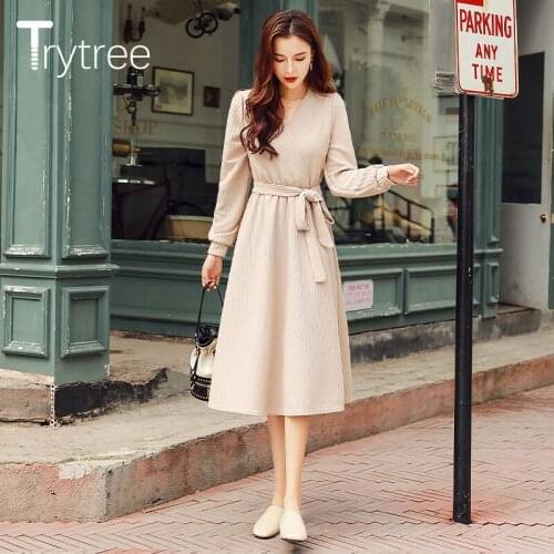 Trytree 2020 Autumn Winter Women Casual Dress V-neck Knitting Solid Belt Fashion Elegant A-line Mid-Calf Office Lady Dress