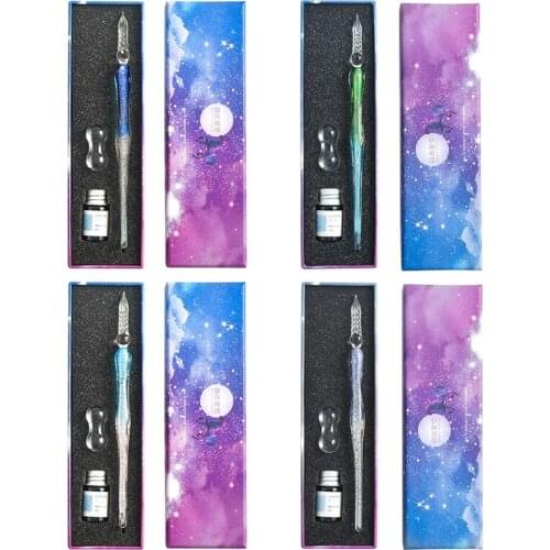Crystal Glass Pen Starry Sky Glass Dip Pen Glitter Powder Fountain Pen with 1 Bottle Ink Set Gift Box For Writing Supplies