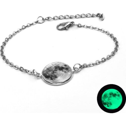 Glow In The Dark Charms Bracelet Glass Cabochon Gray Moon Luminous Jewelry Chain Link Bracelets for Women Girl Gift