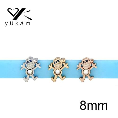 YUKAM Jewelry Sliders 8mm Silver Color Rhinestone Smile Face Cute Baby Boy Slide Charms Keeper for Bracelets Accessories Making