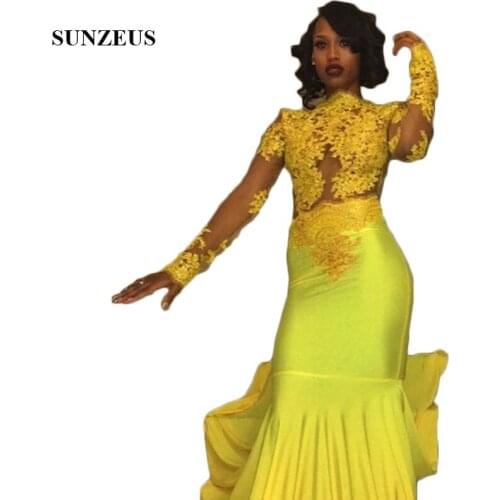 Mermaid Yellow Long Sleeve Lace Prom Dresses 2019 Spandex Formal Dress for Girls Illusion Black Girls Graduation Party Gown SP02