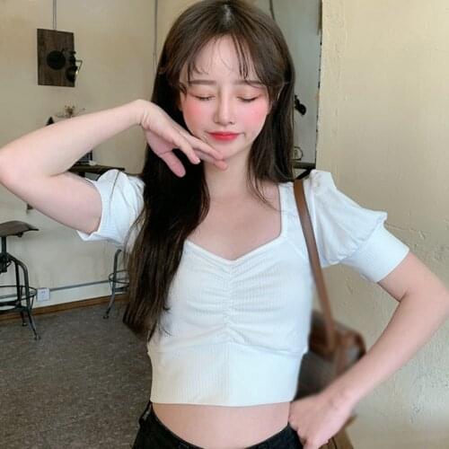 Summer Slim Expose Navel Short Sleeve Womens Solid Square Collar T-Shirt Puff Sleeve Casual Shirt