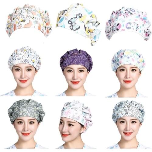 Women Bouffant Scrub Caps Hair Cover Flower Printed Cotton Adjustable Hats Anti-dust Washable Workwear Head Cap Reuseable Hats