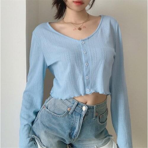 Women Single Breasted Button Down Crop Tops Long Sleeve Solid Color Loose Knitted Cardigan T-Shirts White Blue For Spring Autumn