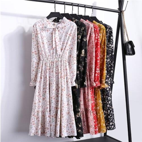 Autumn Women Casual Dress Lady Korean Style Vintage Floral Printed Chiffon Shirt Dress Long Sleeve Bow Midi Summer Dress Vestido