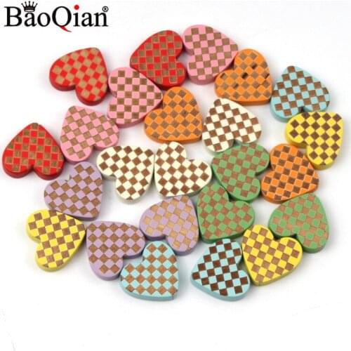 20Pcs Mixed Color mdf Plaid Heart Scrapbooking Wood Decoration For Home Handmade Diy Wooden Crafts 19x21mm