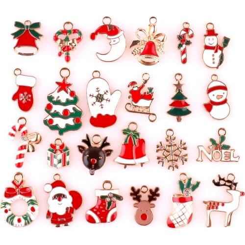 20Pcs/Lot Mix Enamel Christmas Snowman Reindeer House Jingle Bell Charms Tree Wreath Stocking Snowflake Gift Jewelry Accessories